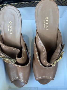 Gucci Brown Leather Peep-Toe Slide Mules with Gold Buckle